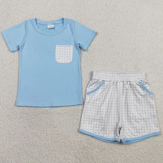 Baby Boys Clothes Blue Short Sleeve Shirts Top Checked Pockets Shorts Clothes Sets BSSO1762