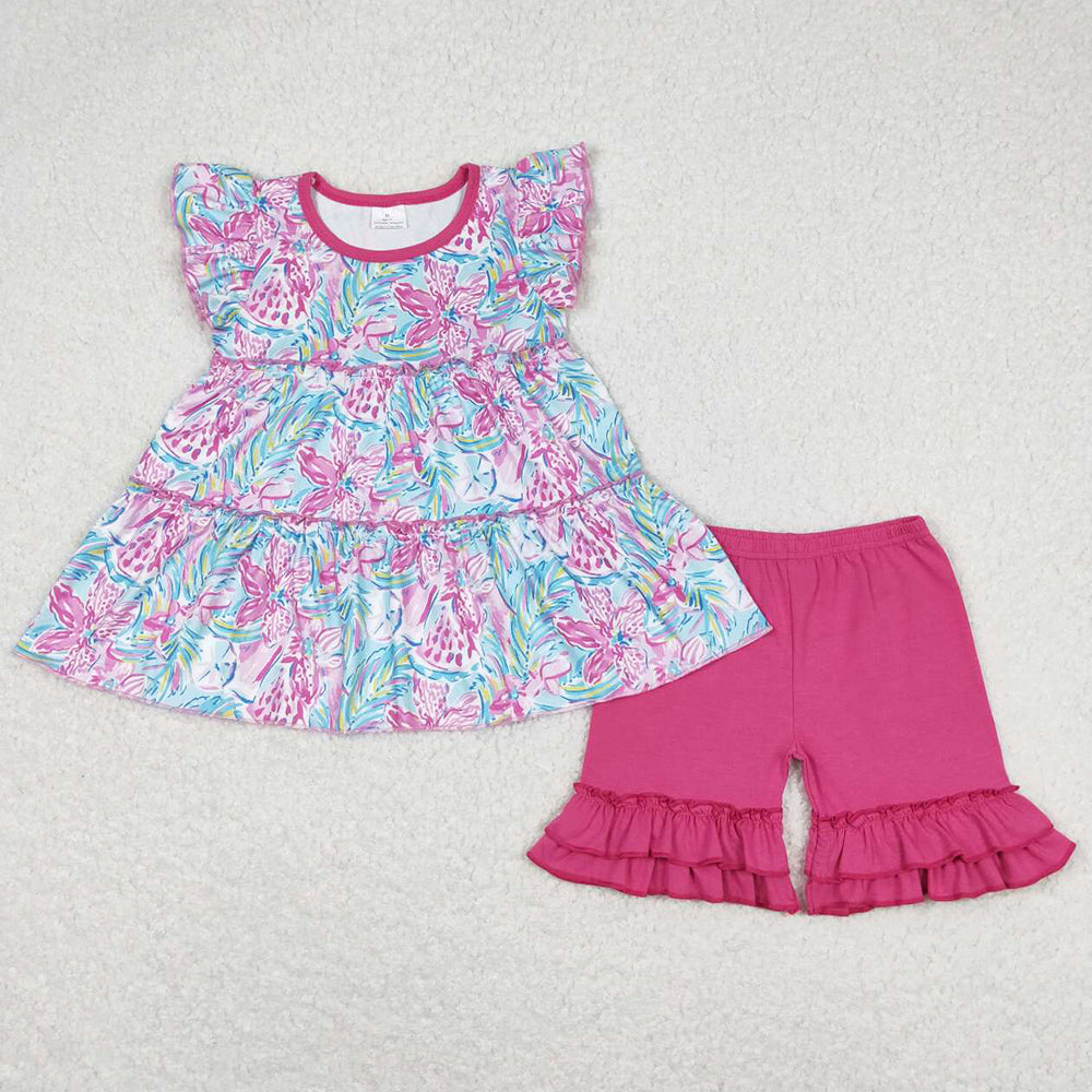 Baby Girls Clothes Flowers Tunic Tops Shorts Summer Sets GSSO0618