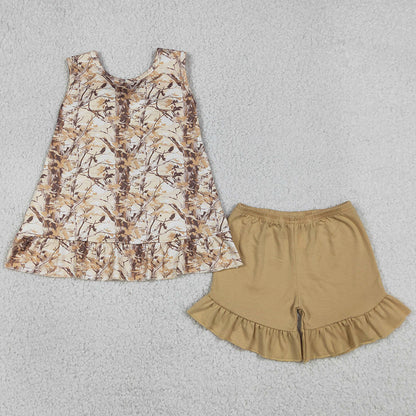 Baby Girls Clothes Southern Leaves Camo Back Bow Tunic Ruffle Shorts Clothes Sets GSSO3467