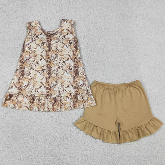 Baby Girls Clothes Southern Leaves Camo Back Bow Tunic Ruffle Shorts Clothes Sets GSSO3467