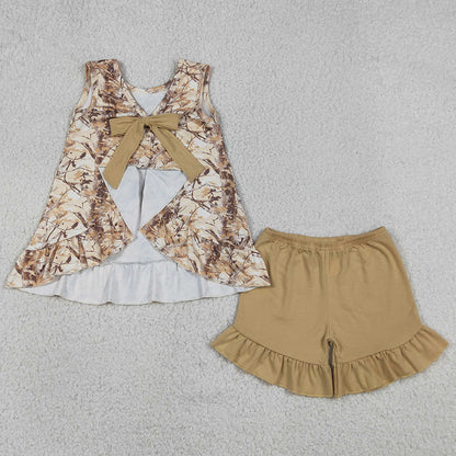 Baby Girls Clothes Southern Leaves Camo Back Bow Tunic Ruffle Shorts Clothes Sets GSSO3467