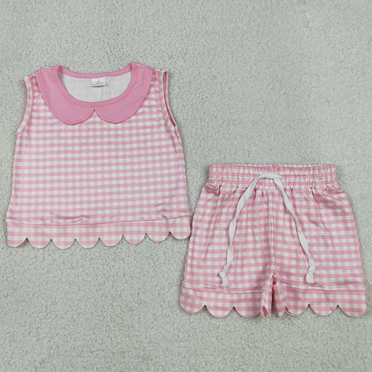 Baby Girls Clothes Sleeveless Pink Checked Collar Top Shorts Scallop Clothes Sets GSSO3394