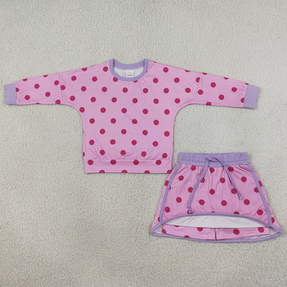 Baby Girls Clothes Pink Lavender Polka Dots Long Sleeve Top Skirt Short Clothes Set GLD1763