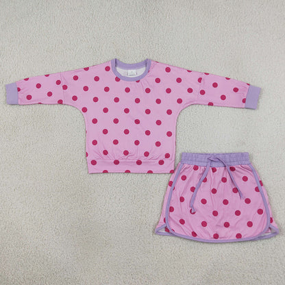 Baby Girls Clothes Pink Lavender Polka Dots Long Sleeve Top Skirt Short Clothes Set GLD1763