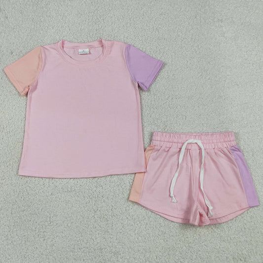 Baby Girls Clothes Pink Lavender Patchwork Shirt Tops Shorts Slouchy Clothes Set GSSO3638
