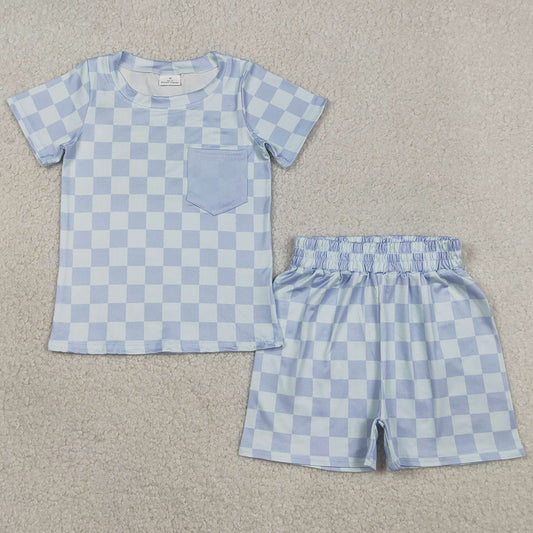 Baby Boys Clothes Blue Checked Pocket Top Shorts Pajamas Clothes Sets BSSO1753