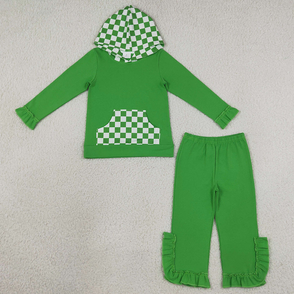 Baby Girls Clothes Green Checked Pocket Hoodie Ruffle Pant Clothes Sets GLP3714