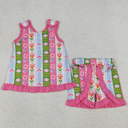 Baby Girls Clothes Sleeveless Colorful Flowers Stripe Tunic Ruffle Short Clothes Sets GSSO3676