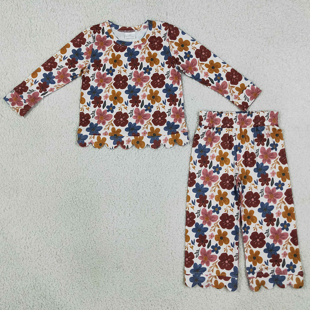 Baby Girls Colorful Flowers Top Pants Fall Scallop Clothes Sets GLP3690