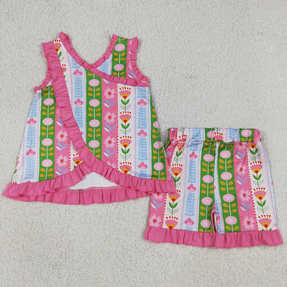 Baby Girls Clothes Sleeveless Colorful Flowers Stripe Tunic Ruffle Short Clothes Sets GSSO3676
