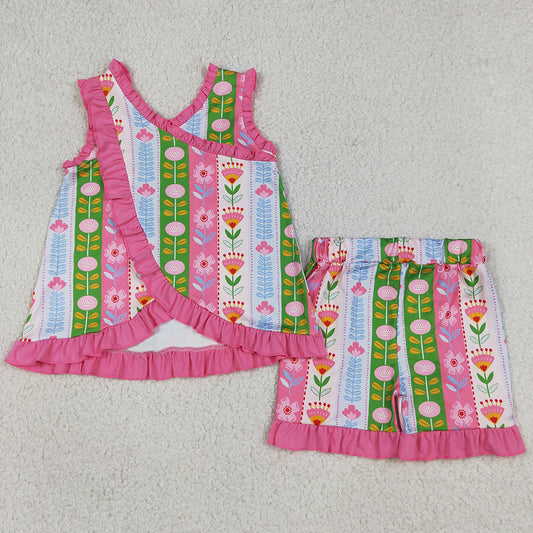 Baby Girls Clothes Sleeveless Colorful Flowers Stripe Tunic Ruffle Short Clothes Sets GSSO3676