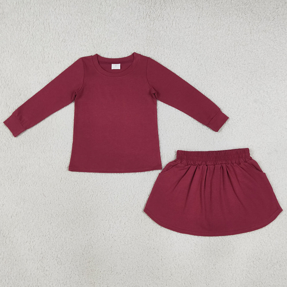 Baby Girls Clothes Maroon Long Sleeve Top Pockets Skirt Short Clothes Sets GLD1697