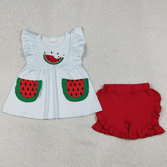 Baby Girls Clothes Embroidery Watermelon Blue Stripe Pockets Tunic Ruffle Short Clothes Sets GSSO3636