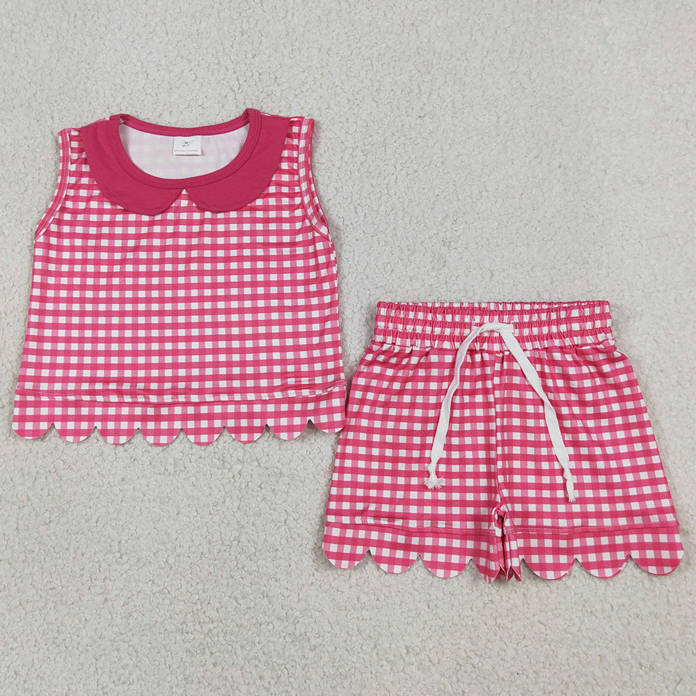 Baby Girls Clothes Sleeveless Hot Pink Checked Collar Top Shorts Scallop Clothes Set GSSO3395