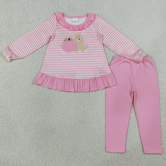 Baby Girls Clothes Embroidery Pumpkins Dogs Pink Stripe Tunic Leggings Fall Clothes Sets GLP3480