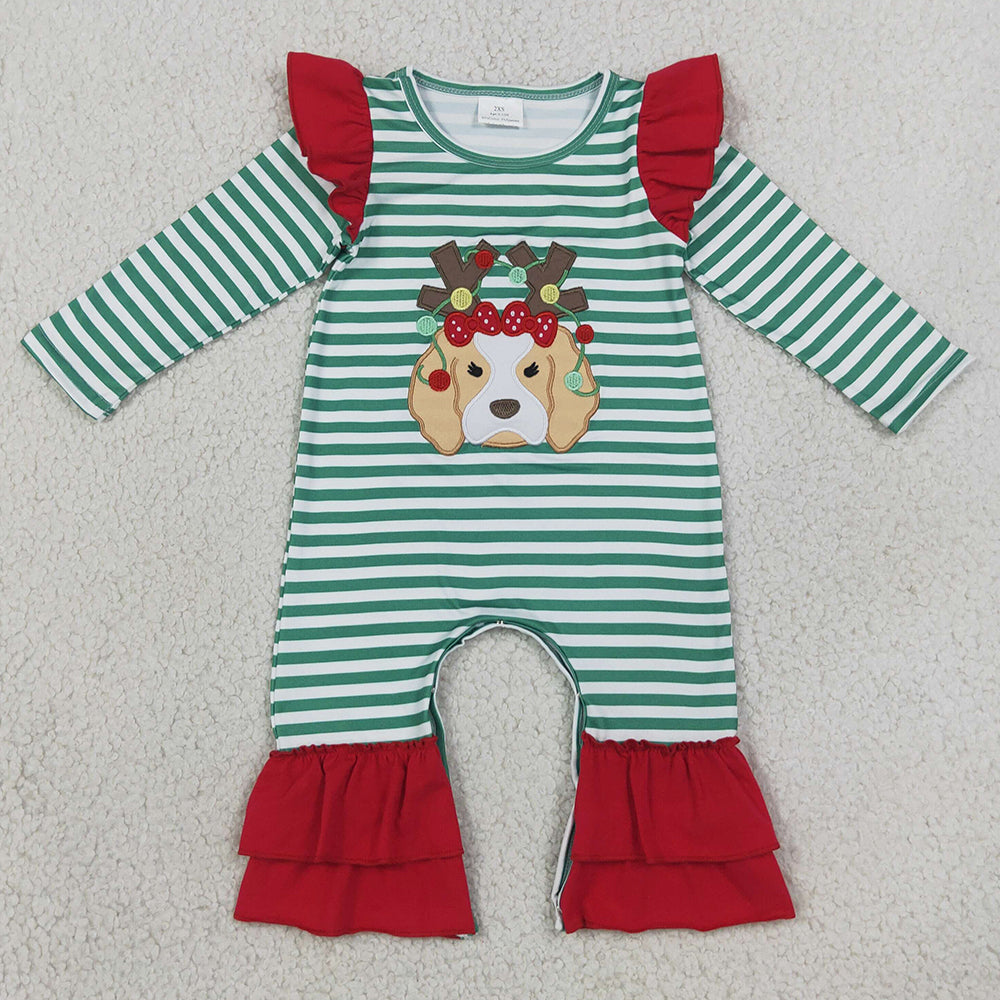 Baby Girls Rompers Embroidery Lights Dog Green Stripe Christmas Ruffle Pant Rompers LR3145