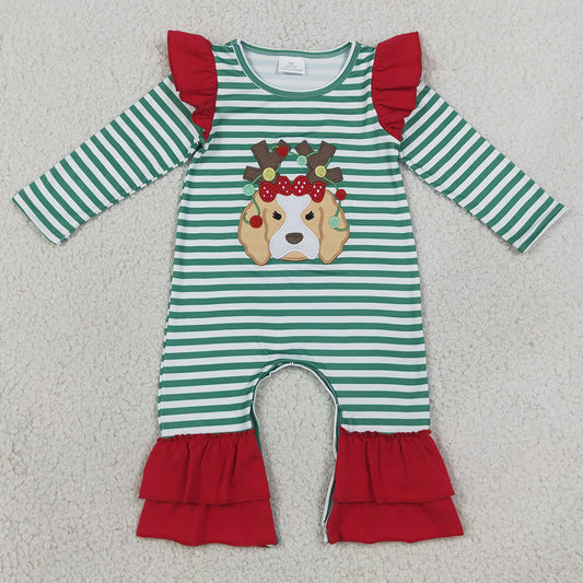 Baby Girls Rompers Embroidery Lights Dog Green Stripe Christmas Ruffle Pant Rompers LR3145
