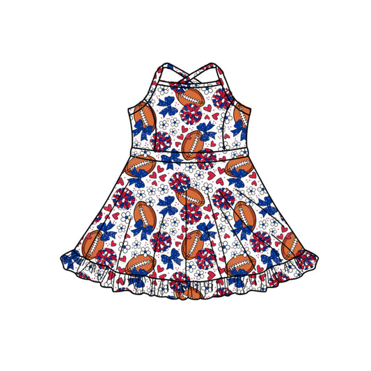 Preorder (moq 5)Baby Girls Strap Hot Blue Bow Footballs Team Shorts Ruffle Knee Length Dress 1.13