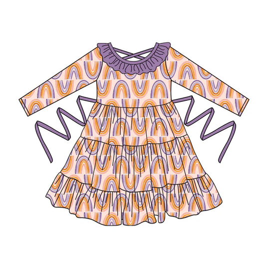 Preorder moq 5 Baby Girls Long Sleeves Colorful Rainbows With Belt Ruffle Knee 5.2