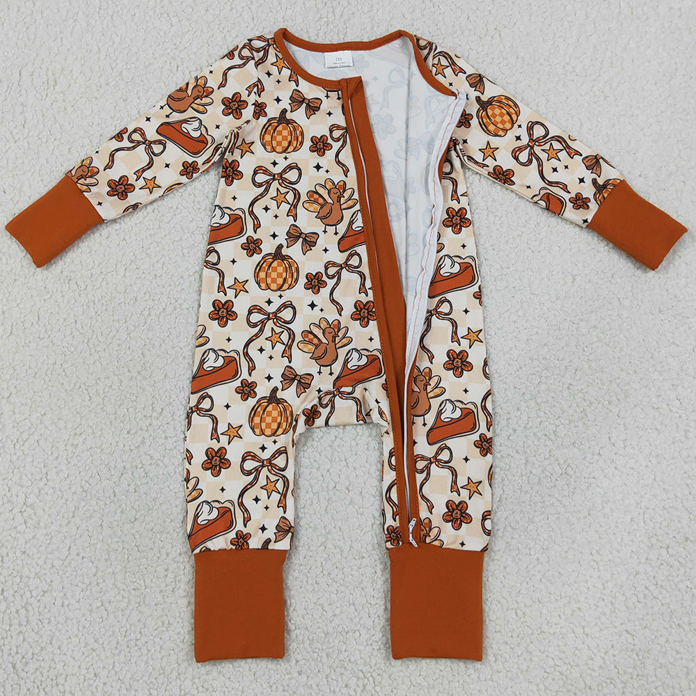 Baby Girls Rompers Turkey Pumpkins Bows Thanksgiving Zip Rompers LR3119