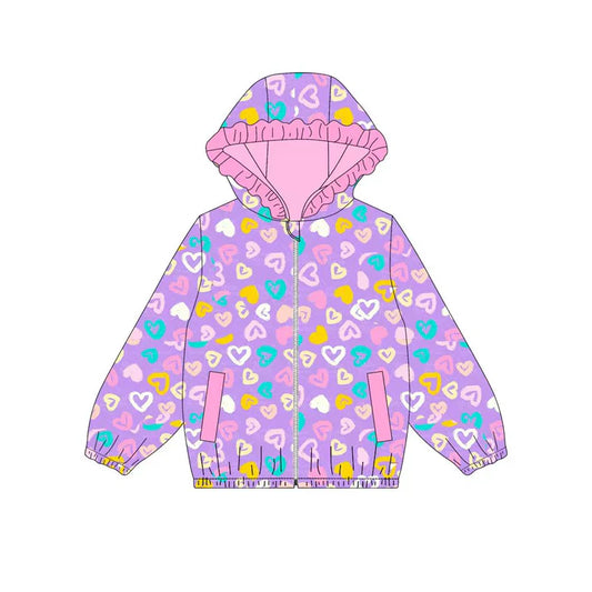 Preorder (moq 8)Baby Girls Colorful Hearts Leopard Pockets Zipper Ruffle Hoodies Jackets Top 9.8