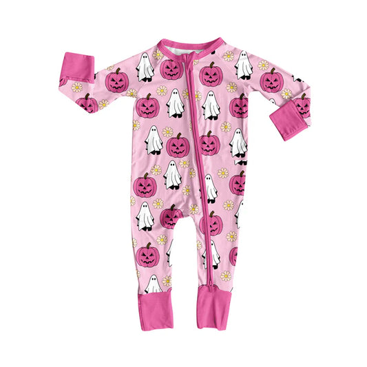 Preorder(moq 5)Baby Infant Girls Pink Ghost Pumpkins Halloween Zipper Rompers 8.4
