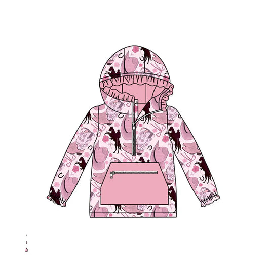 Preorder (moq 8)Baby Girls Hats Horse Rodeos Pocket Zipper Western Ruffle Hoodies Top 9.11