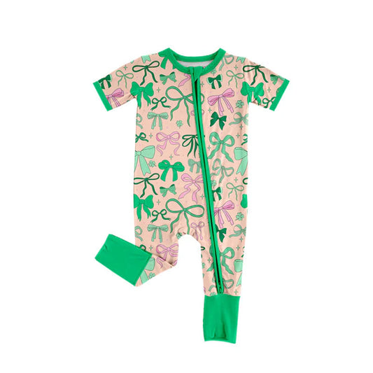 Preorder(moq 8)Baby Girls Green Pink Bows Clovers St Patrick Zipper Footie Rompers 9.29
