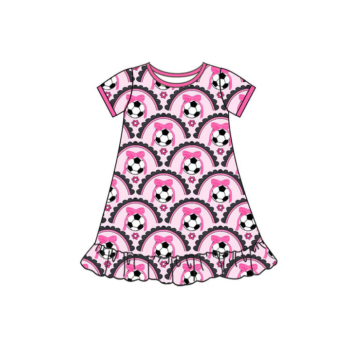 Preorder(moq 5) Baby Girls Short Sleeve Bows Footballs Checked Team Ruffle Knee Length Dresses 10.4