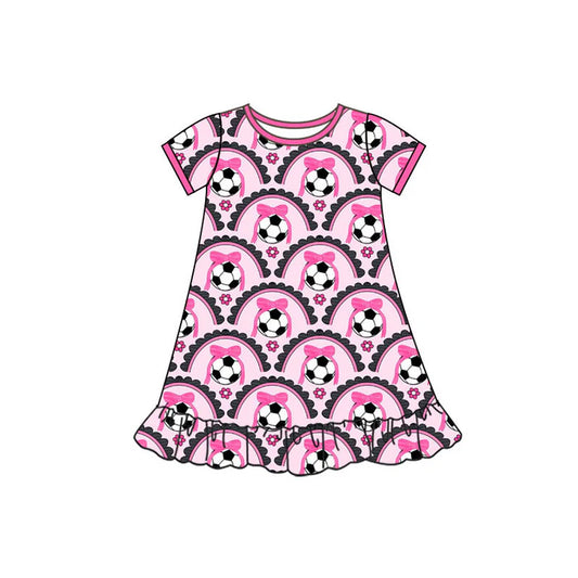 Preorder(moq 5) Baby Girls Short Sleeve Bows Footballs Checked Team Ruffle Knee Length Dresses 10.4