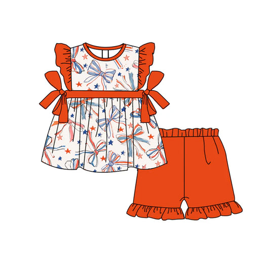 Preorder moq 5 Baby Girls Orange Flutter Sleeves Bows Stars Tunic Ruffle Short 4th Of July Set 4.23