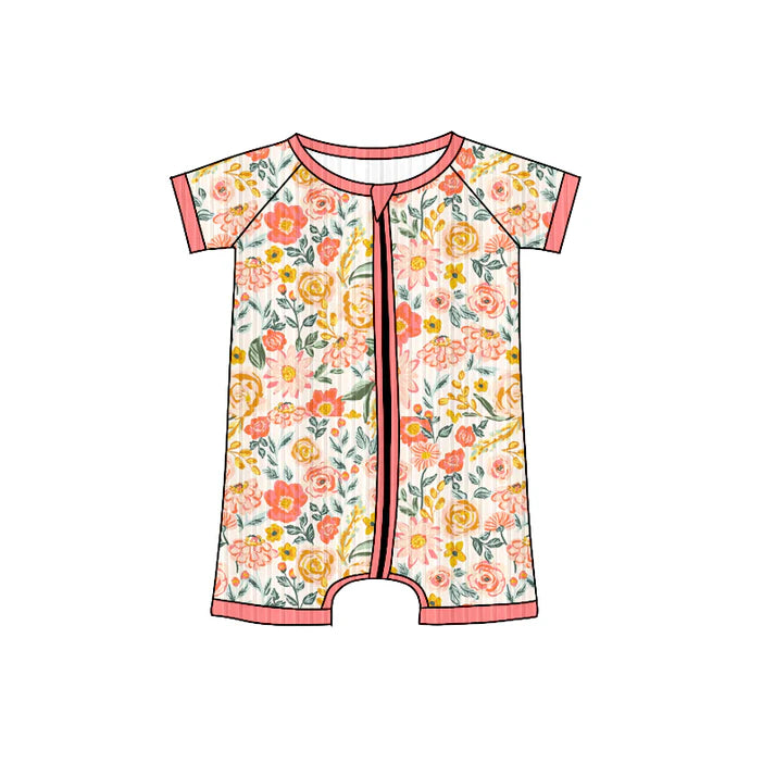 Preorder (moq 5)Baby Girls Short Sleeves Orange Pink Floral Zipper Shorts Rompers 6.4