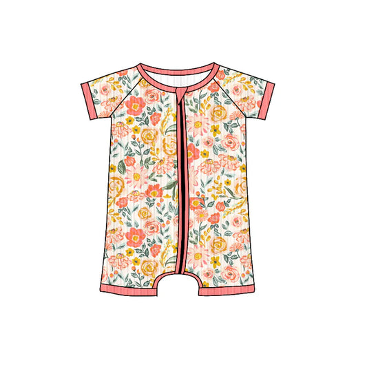 Preorder (moq 5)Baby Girls Short Sleeves Orange Pink Floral Zipper Shorts Rompers 6.4
