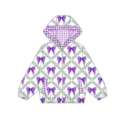 Preorder (moq 5)Baby Girls Mardi Gras Purple Bows Checked Pockets Zipper Ruffle Hoodies Top 9.3