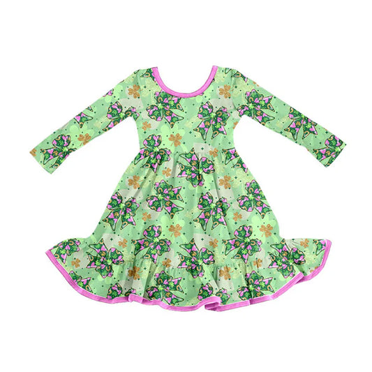Preorder (moq 8)Baby Girls Clovers Bows St Patrick Ruffle Knee Length Dresses 9.22