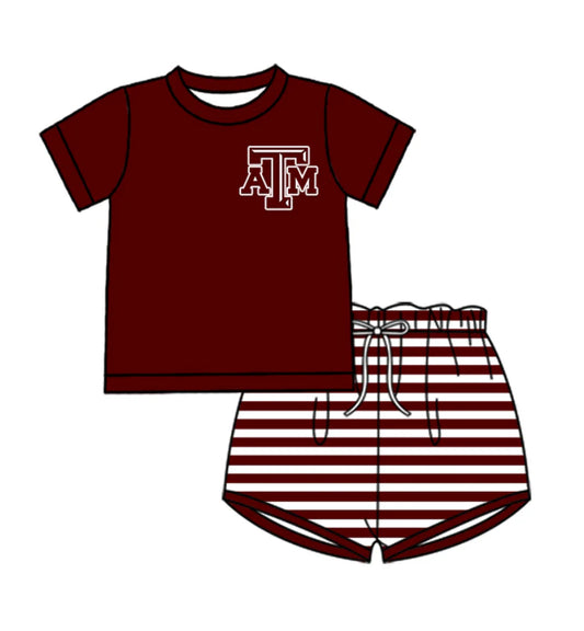 Preorder (moq 5)Baby Boys Dark Red ATM Top Stripe Shorts Team Clothes Sets 12.27