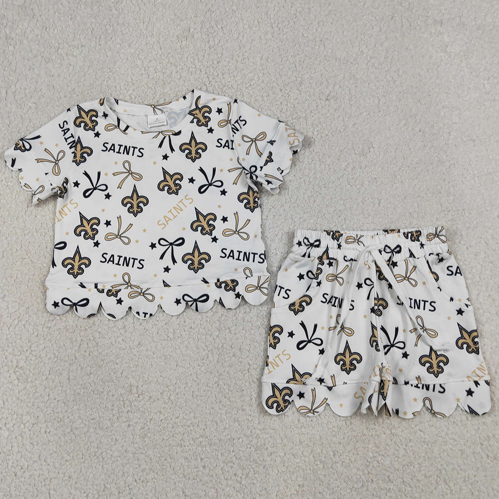 Baby Girls Clothes Star Bows Saints Tops Pockets Shorts Team Scallop Clothes Sets GSSO3561