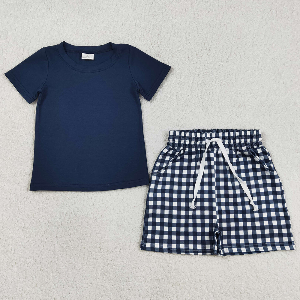 Baby Boys Clothes Navy Short Sleeve Shirts Top Checked Pockets Short Clothes Sets BSSO1882