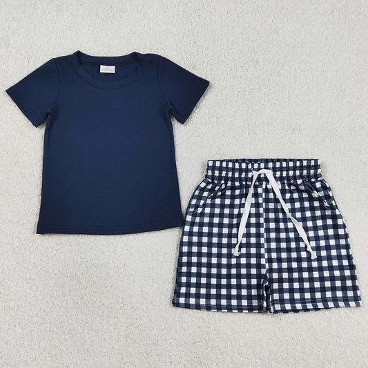 Baby Boys Clothes Navy Short Sleeve Shirts Top Checked Pockets Short Clothes Sets BSSO1882