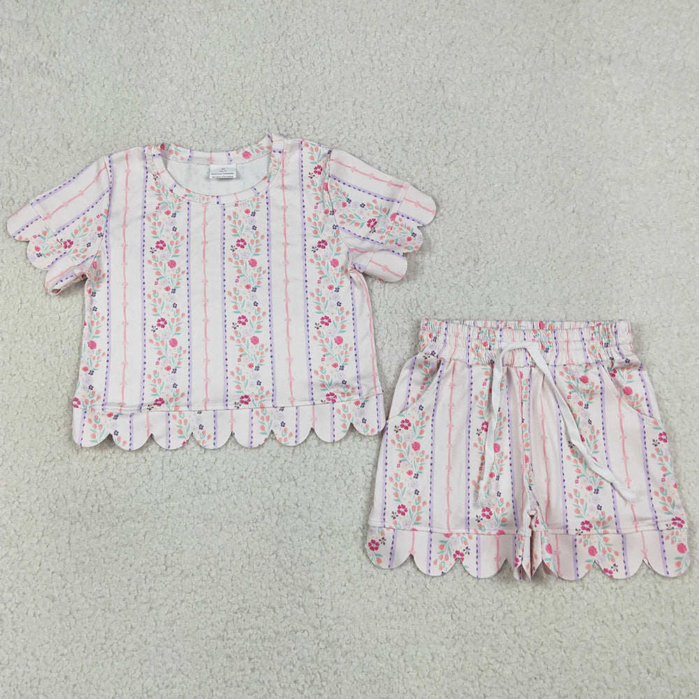 Baby Girls Clothes Flowers Stripe Top Pockets Shorts Scallop Clothes Sets GSSO3411