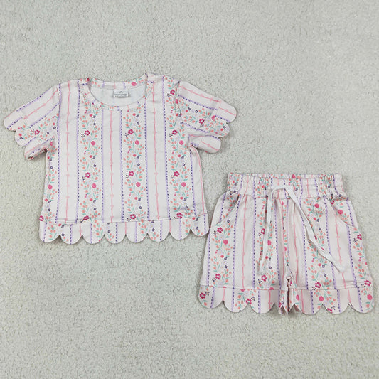 Baby Girls Clothes Flowers Stripe Top Pockets Shorts Scallop Clothes Sets GSSO3411