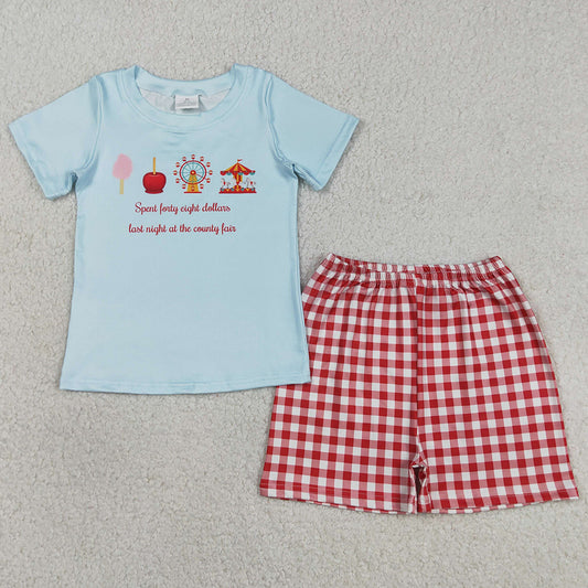 Baby Boys Clothes Blue Short Sleeves Parks Top Red Plaid Short Clothes Set BSSO1482