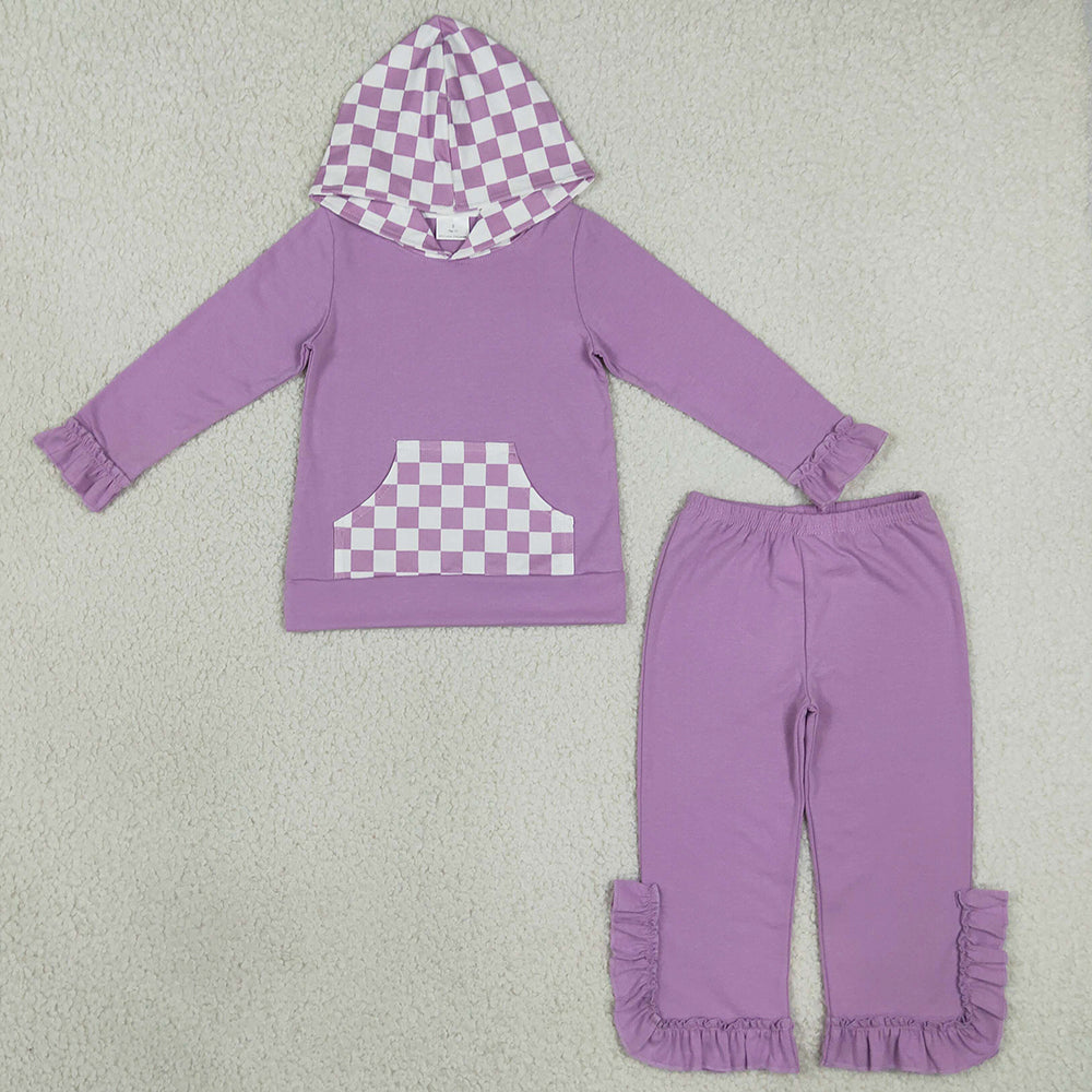 Baby Girls Lavender Checked Pocket Hoodie Ruffle Pant Clothes Set GLP3710