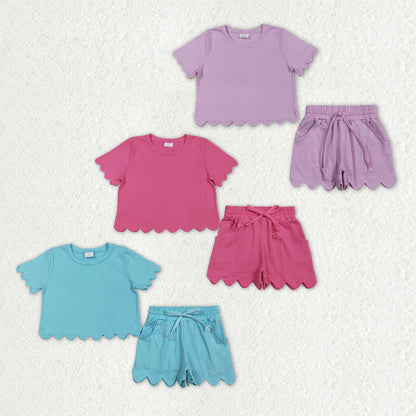 Sibling Baby Girls Scallop Short Sleeve Top Pockets Shorts Clothes Sets