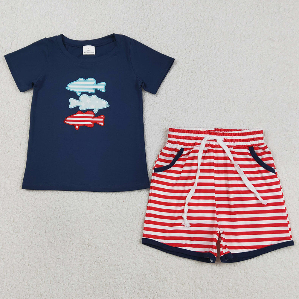 Baby Boys Clothes Embroidery Fishes Top Stripe Pockets Shorts 4th of July Clothes Sets BSSO1741