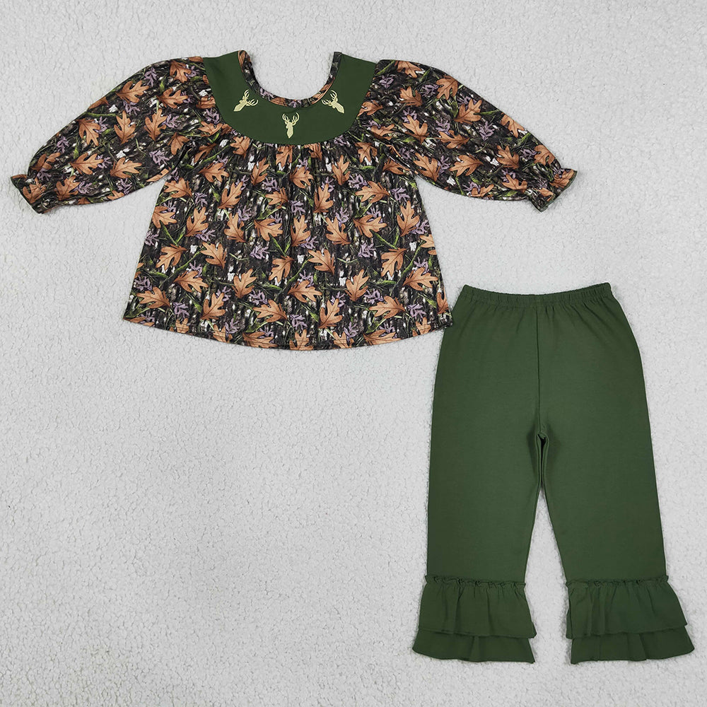 Baby Girls Clothes Embroidery Deer Green Leaves Camo Tunic Ruffle Pants Hunting Clothes Set GLP2908