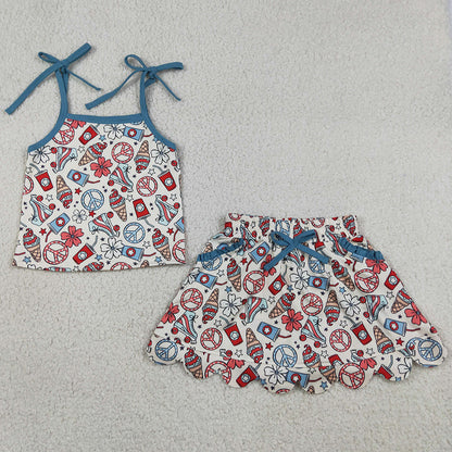 Baby Girls Clothes Strap Coffee Ice Cream Top Scallop Pockets Skirts Shorts 4th of July Clothes Sets GSD3827