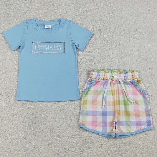 Baby Boys Clothes Embroidery I Love Mama Top Checked Pockets Short Clothes Sets BSSO1605
