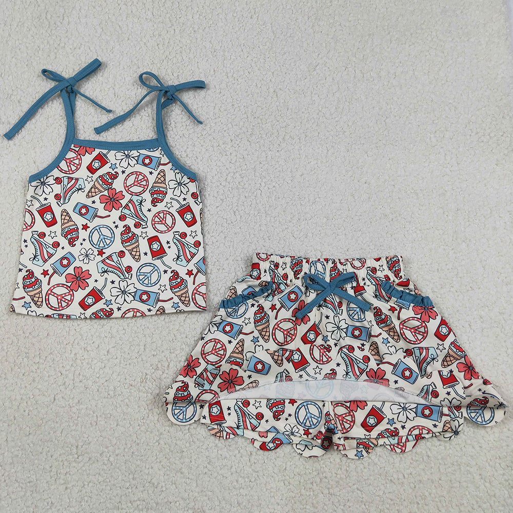 Baby Girls Clothes Strap Coffee Ice Cream Top Scallop Pockets Skirts Shorts 4th of July Clothes Sets GSD3827