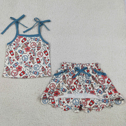 Baby Girls Clothes Strap Coffee Ice Cream Top Scallop Pockets Skirts Shorts 4th of July Clothes Sets GSD3827